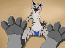  2019 4_fingers 4_toes anthro bulge clothing feet fingers foot_focus hyena looking_at_viewer male mammal pawpads plantigrade sitting smile solo toes tongue tongue_out underwear vegabone 