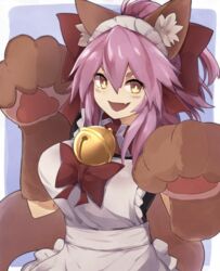  :d animal_ear_fluff animal_ears animal_hands apron bell black_dress blush bow breasts brown_gloves claw_pose collar dress fate/grand_order fate_(series) female fox_ears gloves hair_between_eyes hairbow hands_up highres jingle_bell looking_at_viewer maid neck_bell oerba_yun_fang open_mouth paw_gloves pink_hair red_bow red_collar short_sleeves skin_fang smile solo tamamo_(fate) tamamo_cat_(fate) tamamo_cat_(second_ascension)_(fate) upper_body white_apron yellow_eyes yonaga_san 