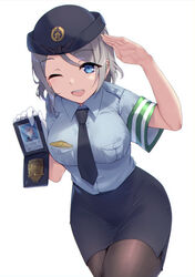  ;d absurdres armband badge black_hat black_necktie black_pantyhose black_skirt blue_eyes blue_hat blue_shirt blue_skirt blush breast_pocket breasts collared_shirt cowboy_shot duplicate female female_service_cap grey_hair hair_between_eyes hat highres id_card large_breasts looking_at_viewer love_live! love_live!_sunshine!! miniskirt necktie one_eye_closed open_mouth pantyhose pencil_skirt pixel-perfect_duplicate pocket police police_badge police_hat police_uniform policewoman safety_pin salute shirt short_hair short_sleeves side_slit simple_background skirt smile solo teeth uniform upper_teeth_only watanabe_you white_background yamaori_(yamaorimon) 