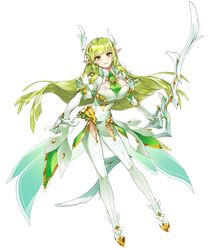  bow_(weapon) breasts commentary daybreaker_(elsword) elf elsword female gloves green_eyes green_hair headgear high_heels korean_commentary large_breasts long_hair long_sleeves pointy_ears puffy_sleeves rena_erindel solo uzodayo very_long_hair weapon 