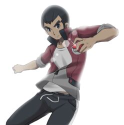  1boy black_eyes black_hair black_pants closed_mouth commentary_request frown glint holding holding_poke_ball jacket kashi_kosugi lens_flare male_focus norman_(pokemon) outstretched_arm pants partially_unzipped poke_ball poke_ball_(basic) pokemon pokemon_oras red_jacket shirt short_hair solo white_shirt zipper_pull_tab 