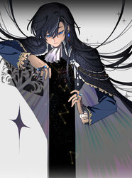  1boy absurdres ascot black_hair blue_eyes cape caterpillar_skeleton chinese_commentary commentary_request door earrings fingernails gem glint half-closed_eyes highres jewelry long_hair long_sleeves looking_down lord_of_the_mysteries male_focus mr._door multiple_rings ring simple_background solo space star_(sky) white_ascot 