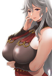  armpit_crease bad_id bad_twitter_id bare_shoulders blush breasts cleavage covered_nipples female granblue_fantasy grey_hair highres huge_breasts kemigawa_mondo long_hair looking_at_viewer magisa_(granblue_fantasy) puffy_nipples purple_eyes see-through see-through_cleavage smile solo very_long_hair 