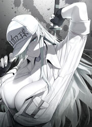  arm_up blue_eyes breast_pocket breasts cleavage colored_skin employee_uniform fed_(giba) female fingerless_gloves flat_cap gloves hair_over_one_eye half-closed_eye hat hat_tip hataraku_saibou hataraku_saibou_black holding holding_sword holding_weapon huge_breasts looking_at_viewer pale_skin pocket solo sword u-1196 uniform upper_body weapon white_blood_cell_(hataraku_saibou) white_hair white_skin 