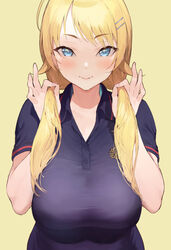  blonde_hair blue_eyes blue_shirt blush breasts closed_mouth commentary_request female hachimiya_meguru hair_ornament hairclip idolmaster idolmaster_shiny_colors ikuchan_kaoru large_breasts looking_at_viewer low_twintails shirt short_sleeves simple_background smile solo twintails yellow_background 