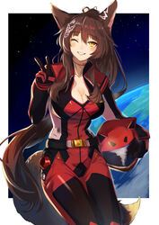  ;) absurdres animal_ears belt biker_clothes bikesuit blush bodysuit breasts brown_hair butterfly_hair_ornament cleavage earth_(planet) female fox_ears fox_girl fox_tail fumi_(2nd_costume)_(nijisanji) fumi_(nijisanji) hair_between_eyes hair_ornament helmet highres holding holding_helmet in_orbit large_breasts long_hair looking_at_viewer murechika nijisanji official_alternate_costume one_eye_closed outside_border parted_lips pilot_suit planet ponytail red_bodysuit science_fiction smile solo space tail v very_long_hair virtual_youtuber 