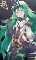  :d absurdres asymmetrical_gloves bare_shoulders black_background black_dress black_gloves breasts claw_ring cleavage crown dress earrings female gloves green_eyes green_hair half-closed_eyes highres hongshi_(13234456009) honkai_(series) honkai_impact_3rd jewelry long_hair looking_at_viewer mismatched_gloves mobius_(honkai_impact) open_mouth saliva saliva_trail single_earring single_sleeve sleeveless sleeveless_dress smile solo teeth wavy_hair 