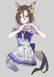  absurdres air_groove_(umamusume) animal_ears blue_eyes breasts brown_hair closed_mouth cropped_legs female frown grey_background heart heart_hands highres horse_ears horse_girl horse_tail invisible_chair looking_at_viewer medium_hair oda_ya_ka parted_bangs pleated_skirt purple_shirt sailor_collar school_uniform shirt simple_background sitting skirt small_breasts solo tail thighhighs tracen_school_uniform umamusume white_skirt white_thighhighs zettai_ryouiki 