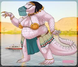  2020 anthro belly big_belly bottomwear breasts clothed clothing conditional_dnp crocodile crocodilian crocodylid egyptian_mythology female jewelry loincloth middle_eastern_mythology mythology nakoo non-mammal_breasts obese overweight reptile sagging_breasts scalie veil 