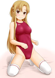  asics asuna_(sao) braid breasts brown_eyes brown_hair commentary_request competition_swimsuit covered_nipples crown_braid female full_body half_updo highres kneeling long_hair looking_at_viewer medium_breasts one-piece_swimsuit red_one-piece_swimsuit school_uniform solo swimsuit swimsuit_under_clothes sword_art_online thighhighs tk4 white_thighhighs 