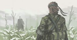  1boy bandana bare_tree blonde_hair brown_hair camouflage cloak female field flower flower_field from_behind gun holding holding_gun holding_weapon metal_gear_(series) metal_gear_solid_3:_snake_eater naked_snake outdoors perfect_sushi_rice rifle short_hair sleeves_rolled_up the_boss tree weapon white_flower 