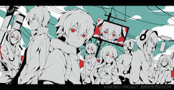  4girls 6+boys amamiya_hibiya androgynous cellphone cloud cloudy_sky collarbone commentary copyright_name dated_commentary day ene_(kagerou_project) everyone expressionless eyes_visible_through_hair hair_between_eyes hand_on_own_chest headphones highres holding holding_phone hood hood_up hoodie kagerou_days_(vocaloid) kagerou_project kano_shuuya kido_tsubomi kisaragi_momo kisaragi_shintarou kiyo_(chaoschyan) konoha_(kagerou_project) kozakura_marry letterboxed long_hair monitor multiple_boys multiple_girls official_style outdoors parted_lips phone ponytail power_lines red_eyes road_sign seto_kousuke shorts sidelocks sideways_glance sign sky smartphone spot_color symbol-only_commentary traffic_light utility_pole 