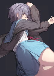  arms_up bad_id bad_twitter_id blazer blue_sailor_collar blue_skirt brown_cardigan brown_jacket cardigan commentary cowboy_shot female from_side highres jacket kita_high_school_uniform lying nagato_yuki on_side open_cardigan open_clothes open_jacket purple_hair sailor_collar school_uniform serafuku shirt short_hair skirt solo soya_(torga) suzumiya_haruhi_no_yuuutsu white_shirt winter_uniform yellow_eyes 