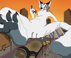  2019 4_fingers 4_toes anthro arctic_fox blue_eyes building building_damage canid canine clothing door feet fingers floor_cracks footwear fox fur holding_another human looking_at_another lounging macro male mammal nude pawpads plantigrade rampage sandals size_difference sky smile street toes true_fox vegabone vegabone_(character) white_body white_fur 