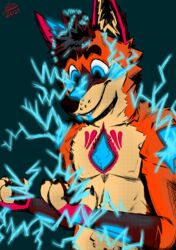  alister_(art) alister_(character) anthro arm_markings blue_background blue_eyes blue_markings brown_body brown_fur brown_hair brown_nose canid canine chest_markings claws dark_eyebrows dark_hair dark_nose dark_pawpads electricity eyebrows facial_markings fox fur glowing glowing_eyes glowing_markings grin hair head_markings hi_res inner_ear_fluff lightning_bolt male mammal markings monotone_background orange_body orange_fur pawpads pink_body pink_ears pink_fur pink_markings raised_eyebrow signature simple_background smile solo sparks static_electricity superpowers teeth tuft whisker_spots 