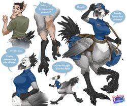  2023 3_fingers 6:5 absurd_res avian avian_feet avian_taur beak biped biped_taur black_body black_feathers bottomless bottomless_female bottomless_taur breast_growth breasts chocobo chocobo_taur clothed clothing countershading delivery_(commerce) delivery_employee digital_media_(artwork) digital_painting_(artwork) feather_growth feathers feet female final_fantasy fingers furgonomics gender_transformation grey_body grey_feathers growth hat headgear headwear hi_res human human_to_taur larru-larru mail male mammal mtf_transformation name_tag partially_clothed polo_shirt postal_carrier postal_delivery running saddle_bag shaded shirt simple_background solo species_transformation speech_bubble square_enix stirling_(orion-b) talons taur toes topwear topwear_only transformation white_background white_body white_feathers 