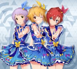  3girls :o bare_legs blonde_hair blue_bow blue_choker blue_eyes blue_shirt blue_skirt bow choker collarbone cowboy_shot eyelashes facial_mark grey_hair grin hair_between_eyes hairbow highres homco ibuki_tsubasa idol idolmaster idolmaster_million_live! idolmaster_million_live!_theater_days infinite_sky_(idolmaster) julia_(idolmaster) layered_skirt looking_at_viewer makabe_mizuki miniskirt multiple_girls one_eye_closed pleated_skirt red_bow red_choker red_eyes red_hair shirt short_hair short_sleeves skirt smile w wrist_cuffs yellow_bow yellow_eyes 