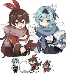  2girls amber_(genshin_impact) bad_id bad_twitter_id baron_bunny_(genshin_impact) black_gloves black_hairband black_leotard blue_hair blue_necktie blue_scarf bow bow_hairband breath brown_eyes brown_gloves chibi eula_(genshin_impact) freenote_mr genshin_impact gloves hairband hairbow highres jacket leotard long_hair long_sleeves multiple_girls necktie red_bow red_hairband red_jacket red_scarf rolling scarf shirt sidelocks snow snowman white_bow white_shirt 