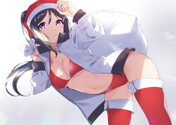  :d adjusting_clothes adjusting_headwear bikini blue_hair blush breasts christmas cleavage duplicate female gift_bag gradient_background grin hair_between_eyes hat high_ponytail highres jacket leaning_forward long_hair long_sleeves looking_at_viewer love_live! love_live!_sunshine!! matsuura_kanan medium_breasts navel open_clothes open_jacket open_mouth over_shoulder pixel-perfect_duplicate ponytail purple_eyes red_bikini red_hat red_thighhighs sack santa_bikini santa_hat sidelocks smile solo swimsuit thighhighs underboob white_jacket yamaori_(yamaorimon) 