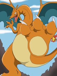  2018 3:4 3_fingers 3_toes barefoot charizard cloud day feet fingers foot_focus generation_1_pokemon looking_at_viewer male nintendo nude open_mouth orange_body plantigrade pokemon pokemon_(species) sky solo toes vegabone wings 