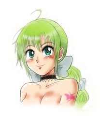  arm_tattoo bare_shoulders breasts butterfly_tattoo choker cleavage closed_mouth collarbone female green_eyes green_hair hair_ribbon long_hair looking_at_viewer matsuba_gogatsu multi-tied_hair ponytail ribbon saga saga_frontier_2 simple_background smile solo tattoo virginia_knights white_background 