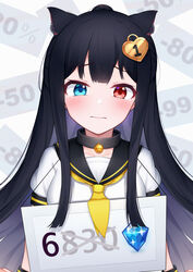  absurdres animal_ears bell benghuai_xueyuan black_hair blue_eyes blush cat_ears closed_mouth crystal female hair_ornament heterochromia highres hongshi_(13234456009) honkai_(series) ling_yi_(benghuai_xueyuan) long_hair looking_at_viewer neck_bell neckerchief red_eyes school_uniform serafuku shirt solo white_background white_shirt yellow_neckerchief 