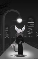  2024 absurd_res anthro artist_name biped black_text branch building clothed clothing digital_media_(artwork) eeveelution english_text espeon fingers forehead_gem front_view gem generation_2_pokemon grass grey_eyes gun hair handgun hi_res looking_aside male mouth_closed night nintendo noir outside park pink_body pink_hair pistol plant pokemon pokemon_(species) ranged_weapon red_gem shadow shyflames01 solo spy standing street_lamp tail text weapon white_sclera 
