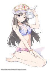  ;) absurdres arm_up atelier_(series) atelier_resleriana atelier_totori barefoot bikini bracelet breasts brown_eyes brown_hair cleavage closed_mouth commentary copyright_notice feet female flask full_body hand_on_own_leg hat hayashi_kewi highres holding holding_flask jewelry liquid long_hair looking_at_viewer navel official_alternate_costume official_art one_eye_closed round-bottom_flask second-party_source side-tie_bikini_bottom simple_background sitting small_breasts smile solo swimsuit totooria_helmold white_background 