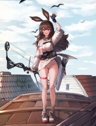  absurdres animal_ears april_(arknights) arknights arrow_(projectile) bow_(weapon) breasts brown_hair compound_bow dress female fingerless_gloves gloves headphones highres large_breasts long_hair luuwruf micro_panties on_roof panties pantyshot purple_eyes quiver rabbit_ears single_fingerless_glove thigh_strap underwear walkman waving weapon white_dress wind 