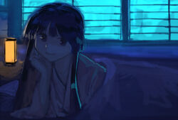  alternate_costume andon_(lighting) backlighting bed_sheet commentary_request dark female hime_cut houraisan_kaguya lantern long_hair looking_at_viewer night nurupo_(abooon) robe smile solo touhou window 