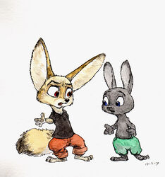  2017 amber_eyes anthro avoid_posting black_body black_fur blue_eyes bottomwear canid canine clothing disney duo fennec_fox finnick_(zootopia) fox fur lagomorph leporid long_ears male mammal open_mouth rabbit shorts simple_background steve_gallacci tan_body tan_fur traditional_media_(artwork) true_fox young young_anthro zootopia 