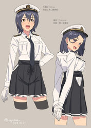  2girls alternate_costume arms_behind_back black_legwear black_skirt blush breasts commentary_request dated epaulettes gloves grey_background hakama hakama_short_skirt hakama_skirt hand_on_own_hip hat japanese_clothes kantai_collection key_kun looking_at_viewer medium_breasts medium_hair military military_uniform multiple_girls naval_uniform open_mouth peaked_cap purple_eyes purple_hair shirt short_hair simple_background skirt tatsuta_(kancolle) tenryuu_(kancolle) thighhighs uniform white_gloves white_shirt yellow_eyes 