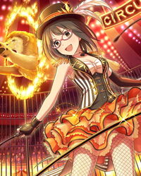  animal_tamer artist_request black_gloves black_hair breasts brown_eyes circus cleavage elbow_gloves female fingerless_gloves fire glasses gloves hat idolmaster idolmaster_cinderella_girls kamijo_haruna lion official_art pink-framed_eyewear ring_of_fire short_hair solo whip 