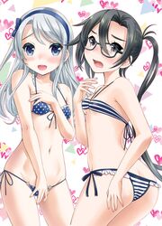  2girls amagiri_(kancolle) ass asymmetrical_bangs bikini blue_bikini blue_bow blue_hairband bow breasts commentary_request cowboy_shot front-tie_top glasses grey_eyes grey_hair hair_between_eyes hairband highres kantai_collection long_hair looking_at_viewer micro_bikini multiple_girls neko_danshaku open_mouth polka_dot polka_dot_bikini ponytail purple_eyes sagiri_(kancolle) side-tie_bikini_bottom small_breasts striped_bikini striped_clothes swept_bangs swimsuit very_long_hair 