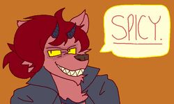  anthro avoid_posting canid canine demon doopcity english_text furry_satan mammal orange_background simple_background text yellow_sclera 