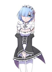  blue_eyes blue_hair commentary female hair_ornament hair_over_one_eye highres lulu_heika maid pantyhose re:zero_kara_hajimeru_isekai_seikatsu rem_(re:zero) roswaal_mansion_maid_uniform short_hair solo x_hair_ornament 