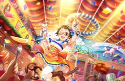  artist_request brown_eyes brown_hair confetti female food glasses idolmaster idolmaster_cinderella_girls idolmaster_cinderella_girls_starlight_stage jewelry kitagawa_mahiro microphone necklace official_art one_eye_closed orange-framed_eyewear pretzel short_hair solo_focus thighhighs 