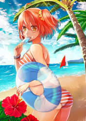  bikini clouds fate/grand_order female female female_protagonist_(fate/grand_order) flower food gudako hibiscus ice_cream leaves niiru_hiyaku_de_jutaichuu orange_hair palm_tree popsicle red_flower sky solo sweets swim_ring tree water 