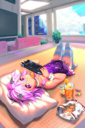  absurdres blush candy chair chips_(food) choker city cloud commentary_request d-pad d-pad_hair_ornament day eating female food game_console hair_ornament handheld_game_console highres indoors looking_at_viewer lying neptune_(neptunia) neptune_(series) photoshop_(medium) playstation_vita pudding purple_hair segamark short_hair skirt sky solo striped_clothes striped_thighhighs sweets thighhighs window 