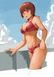  active_raid bikini blue_sky blush breasts brown_hair cleavage cloud commentary_request day female highres kazari_asami long_hair looking_at_viewer medium_breasts navel open_mouth purple_eyes ranma_(kamenrideroz) red_bikini sky solo swimsuit toned wet 