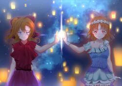  2girls absurdres ahoge birthday cloud cloudy_sky commentary_request cosplay costume_switch gloves hair_ribbon head_wreath highres in-franchise_crossover kosaka_honoka kosaka_honoka_(cosplay) lantern love_live! love_live!_school_idol_project love_live!_sunshine!! multiple_girls night night_sky one_side_up orange_hair panaham ribbon short_hair sky star_(sky) starry_sky takami_chika takami_chika_(cosplay) yume_de_yozora_wo_terashitai yume_no_tobira 