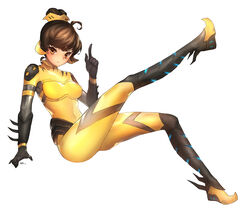  alternate_costume alternate_hairstyle b.va_(overwatch) bodysuit brown_eyes brown_hair commentary d.va_(overwatch) female full_body hair_bun index_finger_raised leg_up looking_at_viewer nal_(nal&#039;s_pudding) overwatch overwatch_1 photoshop_(medium) pilot_suit short_hair single_hair_bun smile solo yellow_bodysuit 