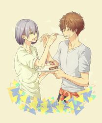  2boys brown_hair cake closed_eyes feeding green_eyes happy happy_birthday high_speed! kirishima_natsuya male_focus memeo_(candy_house) multiple_boys open_mouth purple_hair serizawa_nao short_hair simple_background triangle 