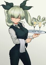  anchovy_(girls_und_panzer) black_ribbon brown_eyes champagne_flute closed_mouth commentary_request cup drill_hair drinking_glass female formal girls_und_panzer green_hair hair_ribbon high-waist_pants long_hair looking_to_the_side mityubi pants ribbon simple_background smile solo standing suit twin_drills twintails waitress 