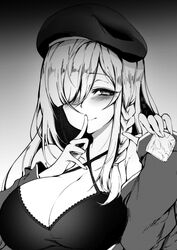  bad_id bad_twitter_id beret blush braid breasts chickenvomit cleavage closed_mouth condom condom_wrapper criss-cross_halter female finger_to_mouth g36c_(girls&#039;_frontline) girls&#039;_frontline gradient_background greyscale hair_over_one_eye half-closed_eyes halterneck hat highres large_breasts long_hair looking_at_viewer monochrome seductive_smile side_braid sidelocks smile solo upper_body 