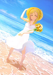  adjusting_clothes adjusting_headwear arm_up bare_arms barefoot beach blonde_hair blue_sky braid closed_mouth collarbone commentary_request crown_braid day dress dutch_angle eyebrows female flower full_body hair_rings hand_on_headwear hat highres holding holding_flower horizon long_hair looking_at_viewer love_live! love_live!_sunshine!! mocha_(snowflake) ocean ohara_mari outdoors photoshop_(medium) sand scenery shadow sky sleeveless sleeveless_dress smile solo standing straw_hat sundress sunflower tareme water waves white_dress wind wind_lift yellow_eyes 