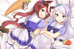  2girls aliasing animal_ears anthro aqua_eyes brown_hair doll long_hair mejiro_mcqueen ohshit ponytail purple_eyes seifuku tail thighhighs tokai_teio uma_musume:_pretty_derby white_hair 