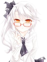  :&lt; alternate_costume arm_behind_back bespectacled black_neckerchief black_ribbon blurry blush breasts cherry_blossom_print collarbone collared_shirt commentary_request depth_of_field female fingernails floral_print glasses hair_ribbon hand_up highres leaning_forward long_hair long_sleeves looking_at_viewer medium_breasts neckerchief ning_hai_(warship_girls_r) orange_eyes print_ribbon red-framed_eyewear ribbon shirt side_ponytail simple_background solo tareme tengxiang_lingnai v warship_girls_r white_background white_hair white_shirt 