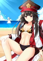  &gt;:) beach bikini black_bikini black_hair blue_sky chair cloud commentary_request day fate/grand_order fate_(series) female frilled_bikini frills hat highres horizon jacket koha-ace letterman_jacket long_hair looking_at_viewer lounge_chair medjed_(fate) multicolored_clothes multicolored_jacket oda_nobunaga_(fate) oda_nobunaga_(swimsuit_berserker)_(fate) oda_nobunaga_(swimsuit_berserker)_(first_ascension)_(fate) oda_nobunaga_(swimsuit_berserker)_(second_ascension)_(fate) outdoors peaked_cap photoshop_(medium) red_eyes sitting sky smile swimsuit two-tone_jacket v-shaped_eyebrows yan_lie 