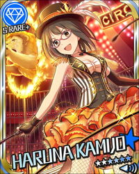  animal_tamer artist_request black_gloves black_hair breasts brown_eyes card_(medium) character_name circus cleavage elbow_gloves female fingerless_gloves fire gem_(symbol) glasses gloves hat idolmaster idolmaster_cinderella_girls jpeg_artifacts kamijo_haruna lion official_art pink-framed_eyewear ring_of_fire short_hair solo whip 